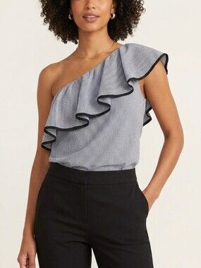 BRAND NEW w/TAGS! LOFT Ann Taylor Women's Gray Striped Trimmed Top Blouse Size M